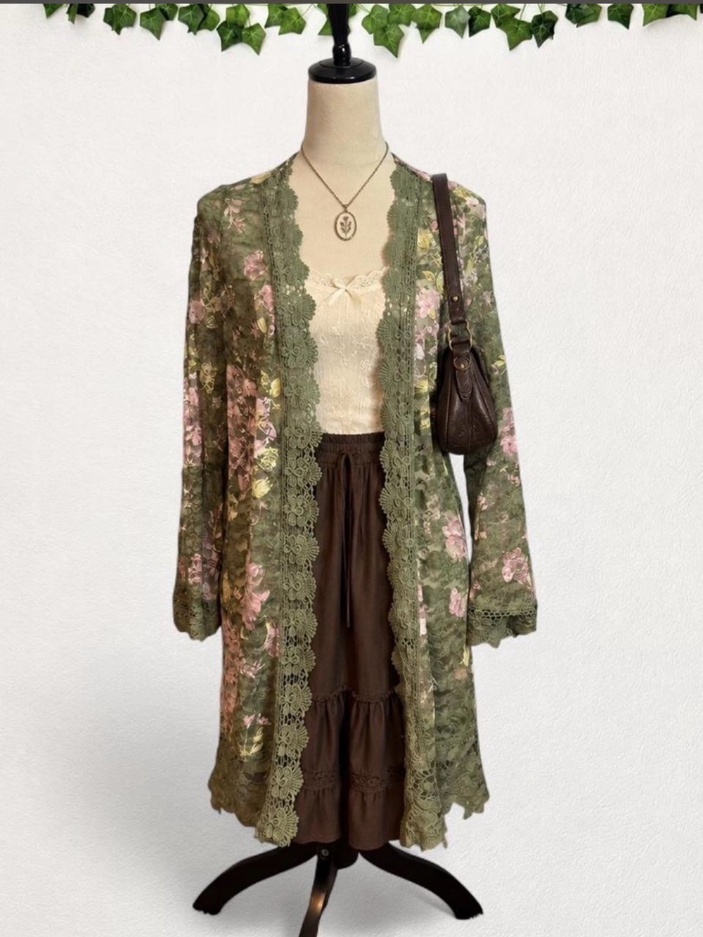 Jolie & Joy Olive Green Floral Sheer Lace Duster Cardigan Medium Scalloped
